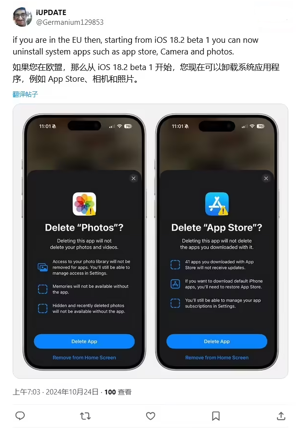 丰台苹果手机维修分享iOS 18.2 支持删除 App Store 应用商店 