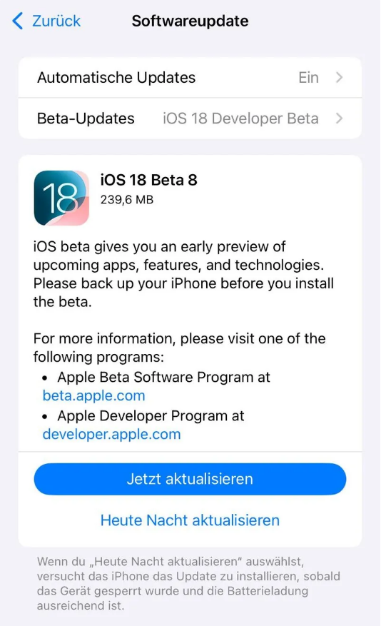 丰台苹果手机维修分享苹果 iOS / iPadOS 18 开发者预览版 Beta 8 发布 